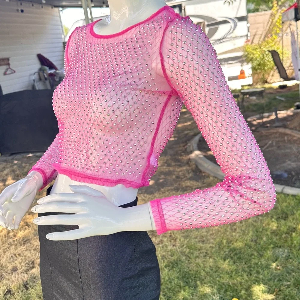Chic Pink Embellished Sheer Blouse